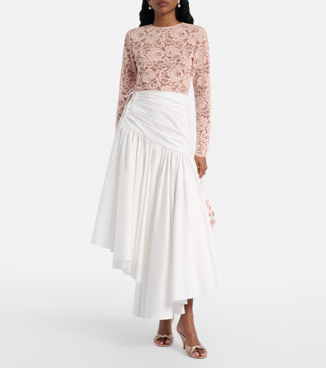SP Beige-pink Floral Lace BodySuit One-piece | White Cotton Asymmetrical Midi Skirt | Set