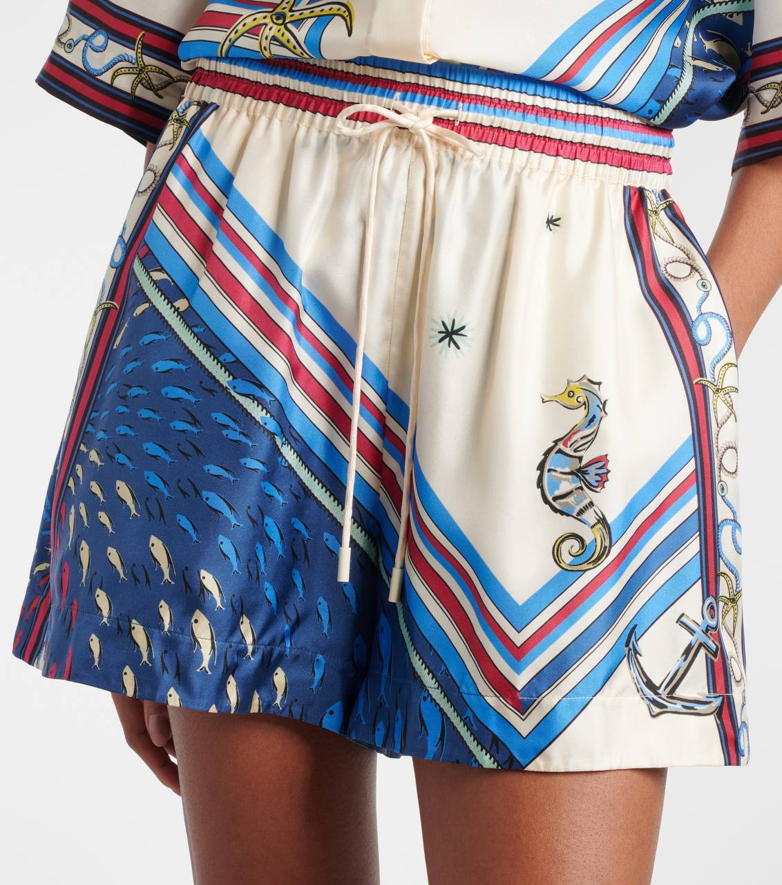 ALM023 Nautical Stripe Silk Satin Top | Sea Shorts | Set
