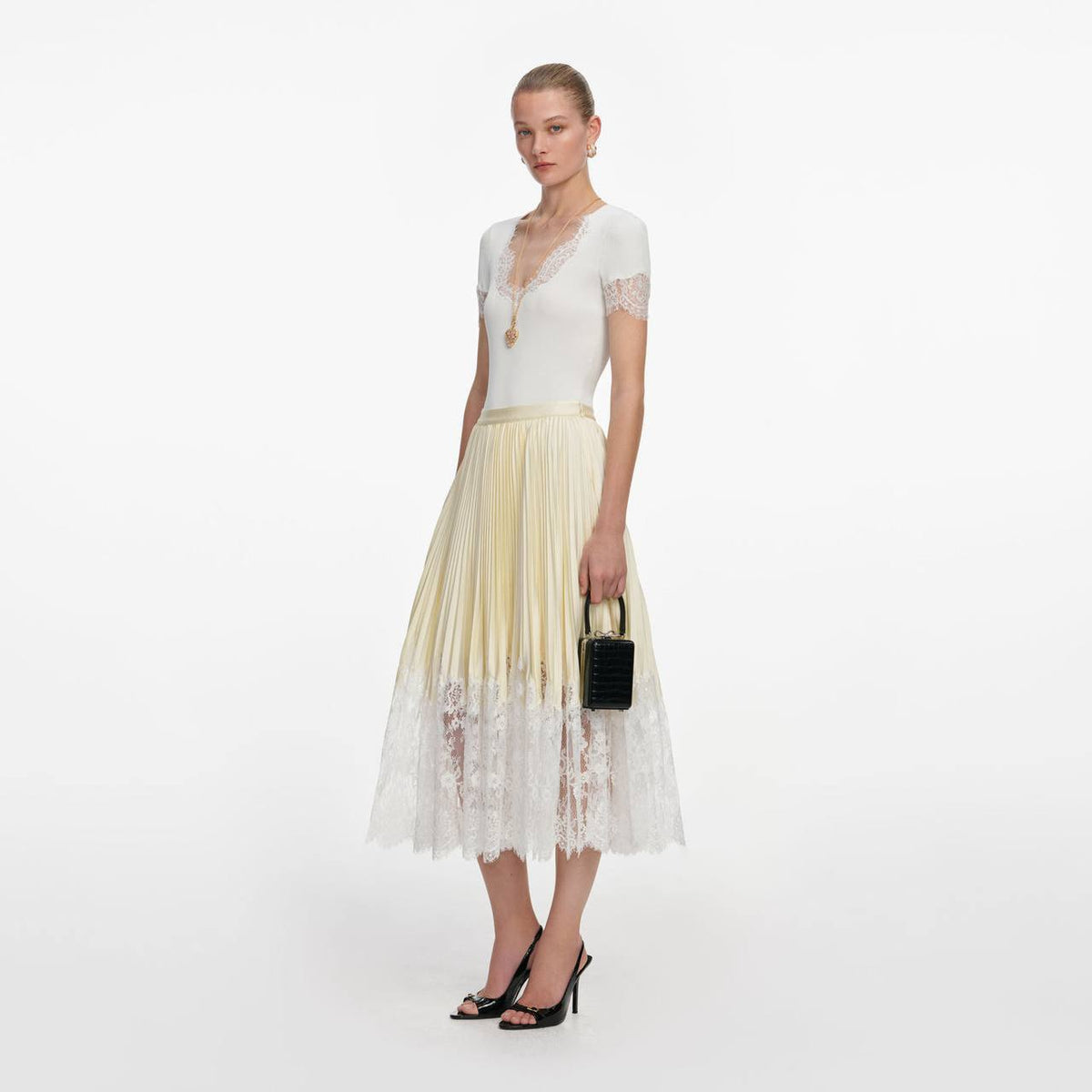 SP Yellow Satin Lace Midi Skirt