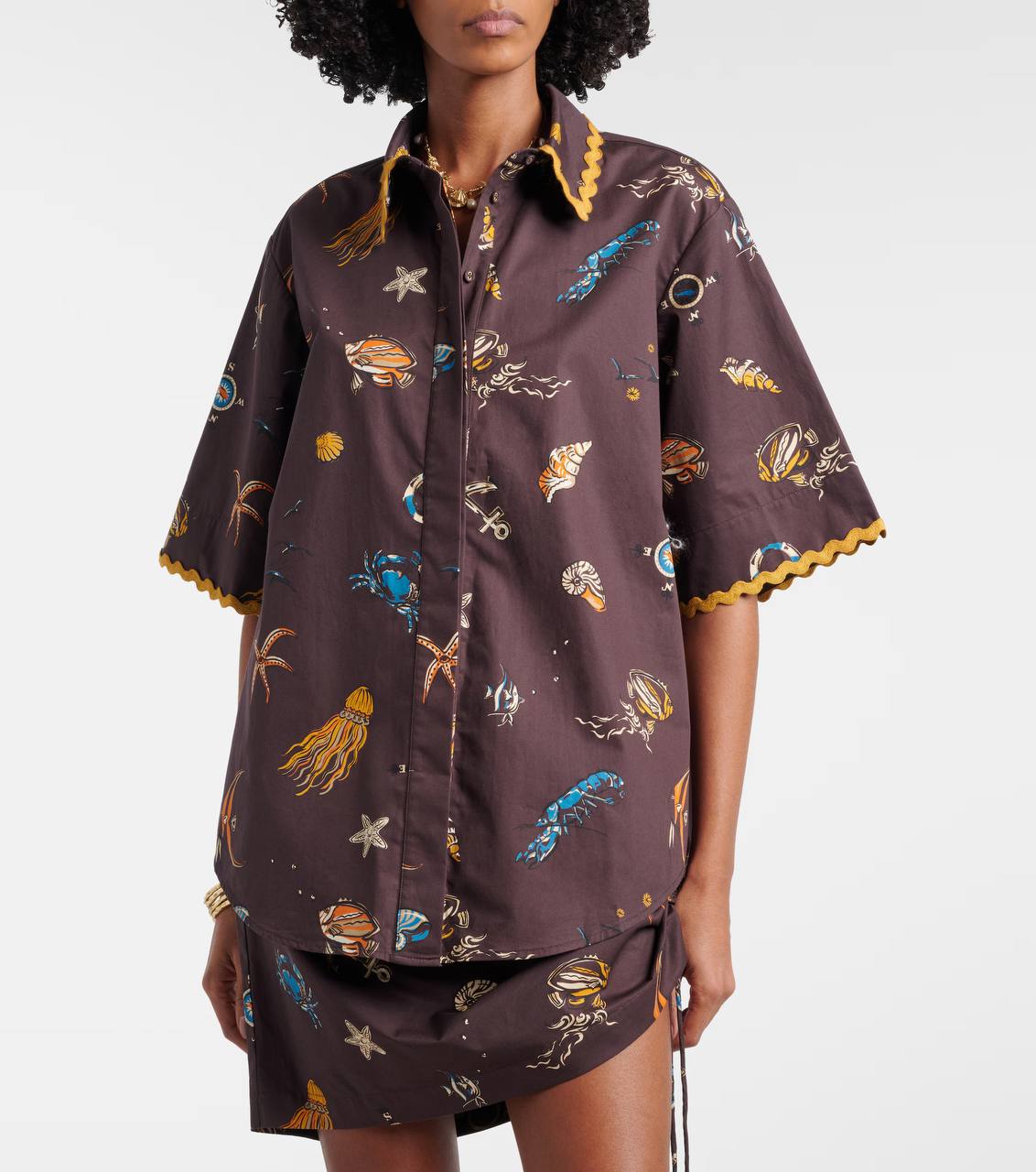 ALM Printed Ruched Cotton Shirt | Mini Skirt