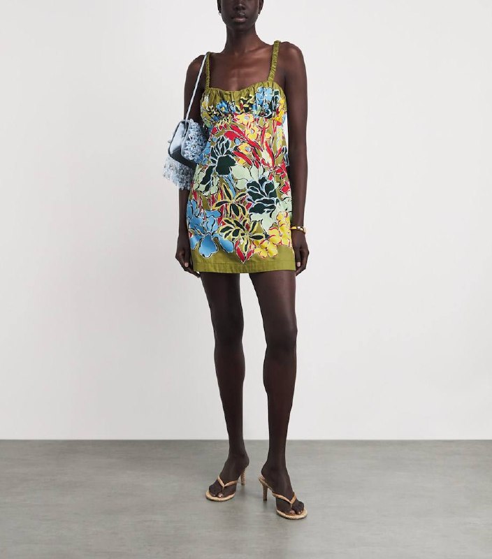 ALM003 Ruched Cotton Bustier Rainbow Floral Mini Dress