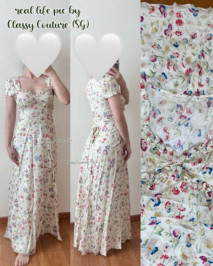DN018 Silk-Viscose Ruffle Bust Puff Sleeve Midi Maxi Dress