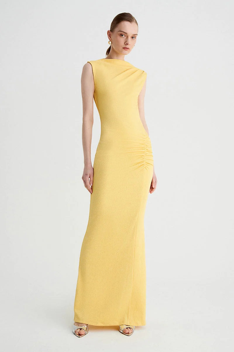 SB Vega Rouched Front Midi Maxi Dress in Butter