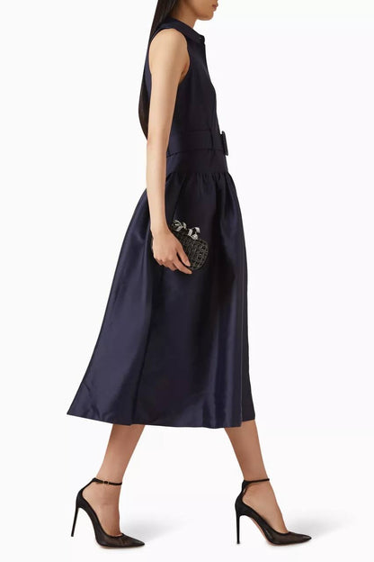 SP Navy Blue Belted Drop Waist Viscose-wool Twill Midi Dress