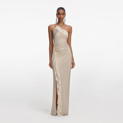 SP Champagne Rhinestone Lace Trim Halter Backless Maxi Dress