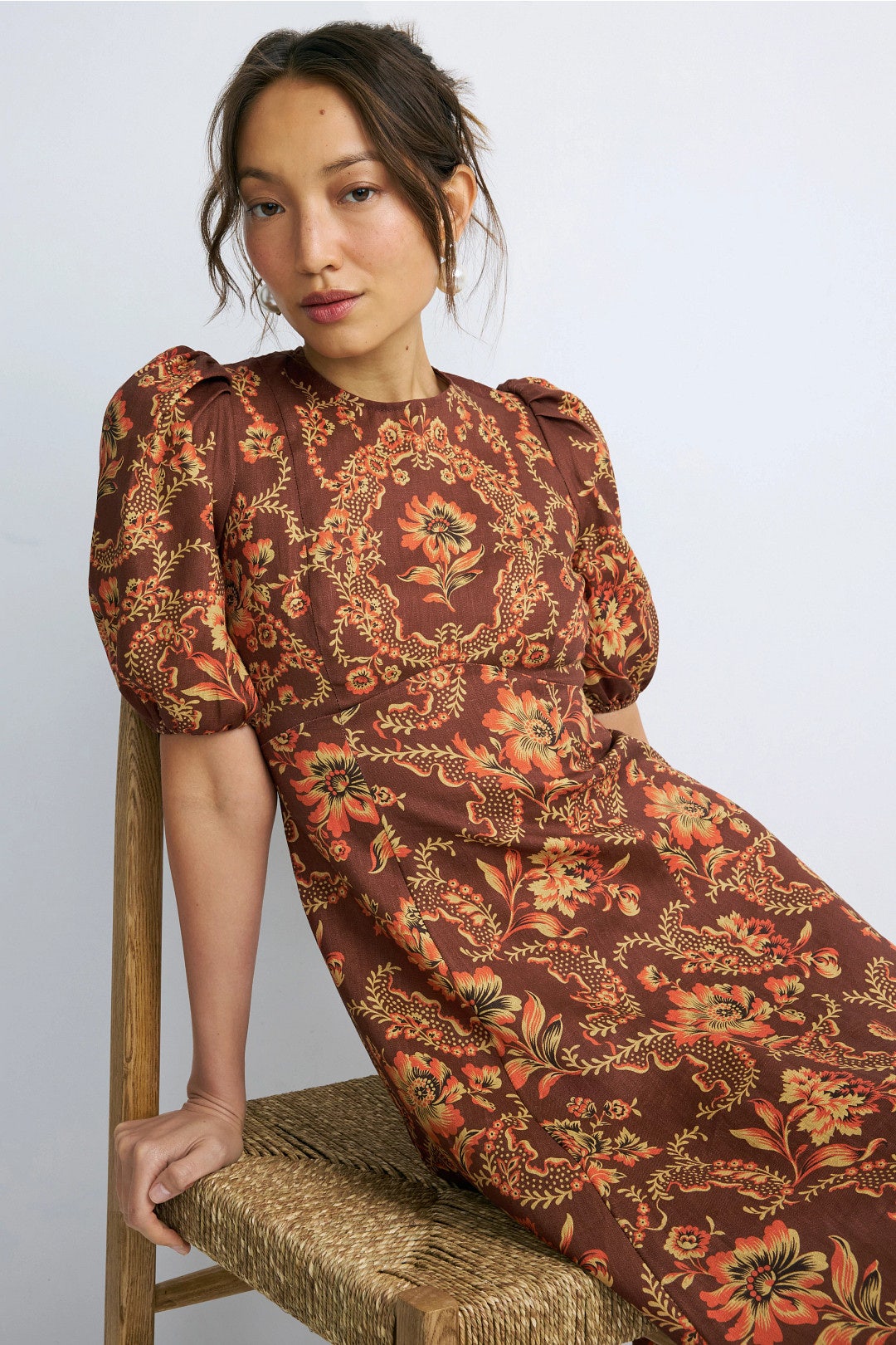 ALM Seraphina Printed Puff Sleeve Linen Midi Dress