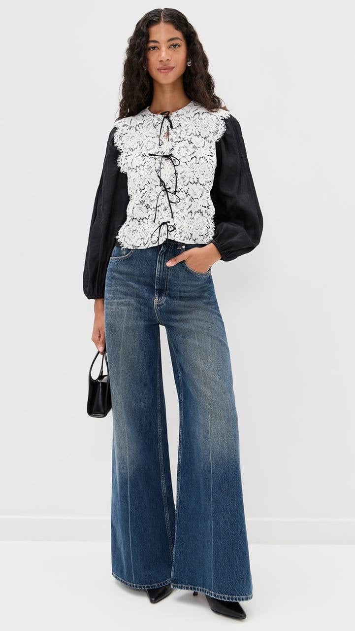 SE Norabelle Ramie Long Sleeve Top with Cotton Lace Overlay