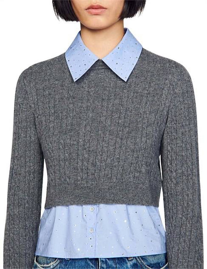 SD Layered Cable-Knit Sweater Top with Rhinestone Embellishments