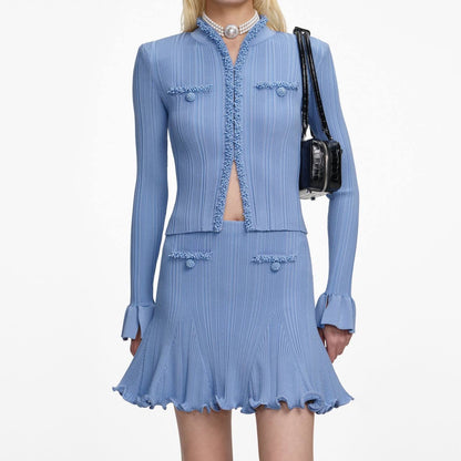 SP Blue Pearl Trim Knit Cardigan | Mini Skirt | Set