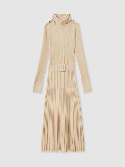 RS Vinette Ribbed Funnel Neck Belted Midi Dress