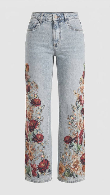 AO Chic Floral Printed High-rise Cotton Jeans