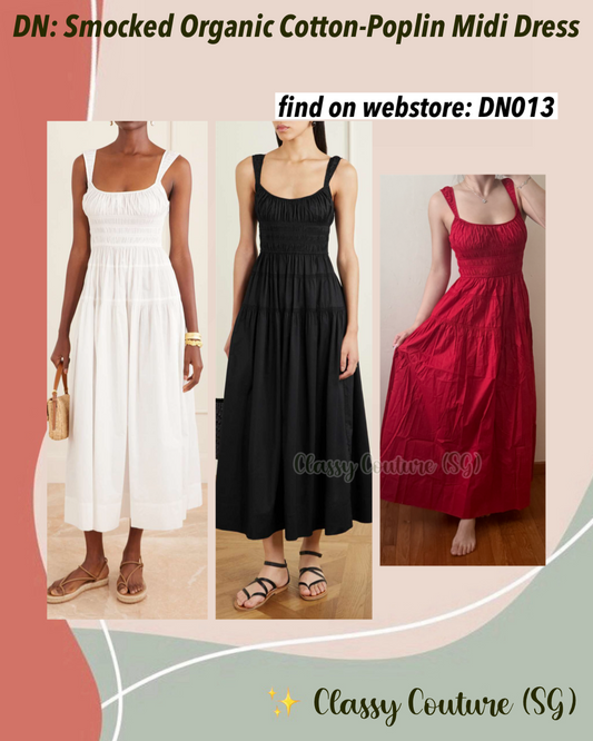 DN015 Smocked Organic Cotton-Poplin Midi Dress