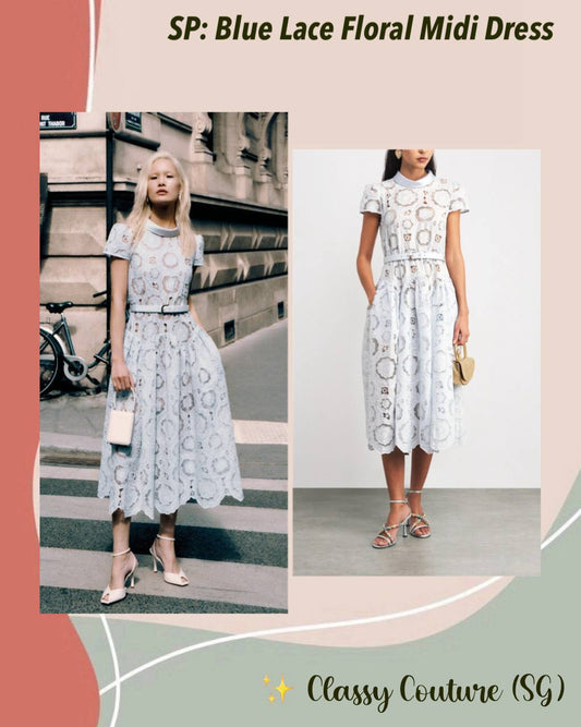 SP Blue Lace Floral Satin Collar Midi Dress