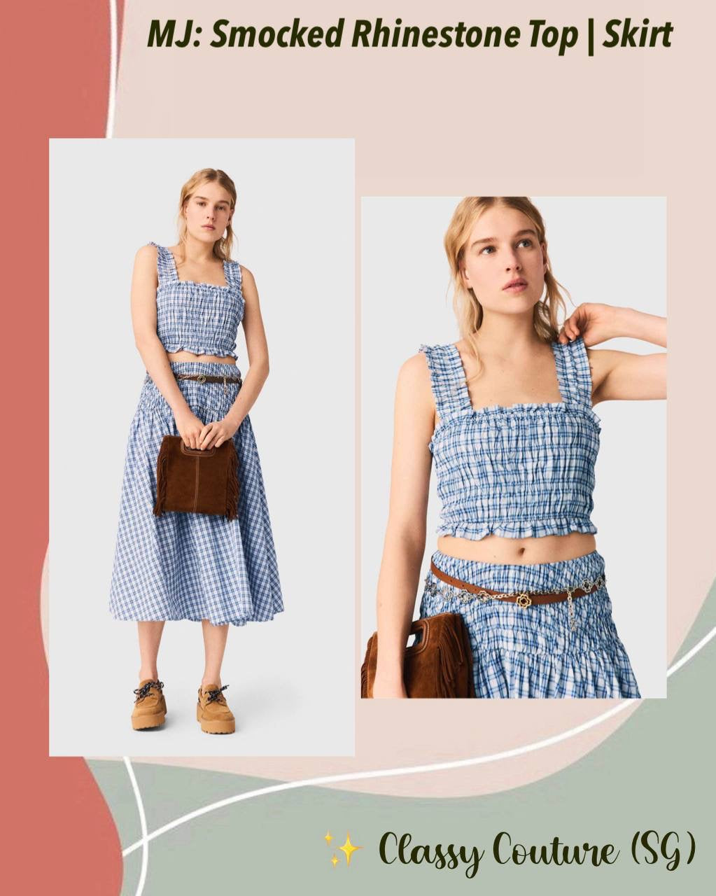 MJ Lunamimi Smocked Crop Top | Jomimi Midi Skirt | Rhinestone-embellished Gingham Cotton Set