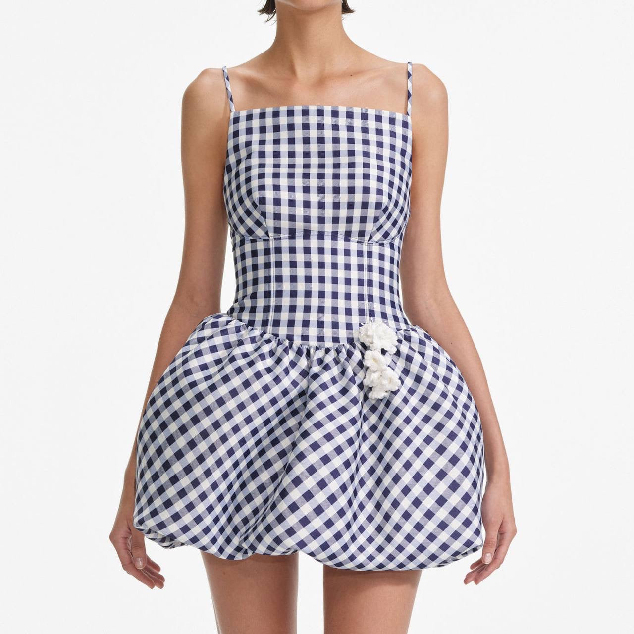 SP Navy Taffeta Gingham Bubble Mini Dress