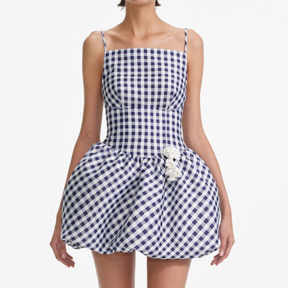 SP Navy Taffeta Gingham Bubble Mini Dress