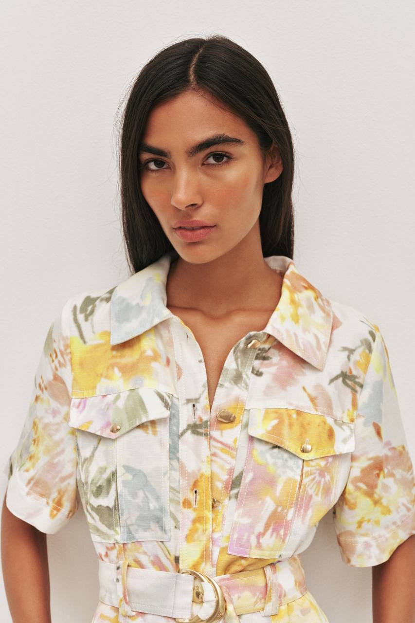 AJ Manon Linen-viscose Belted Midi Dress