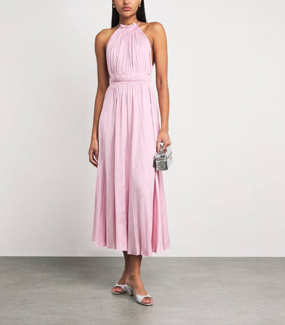 MJ Pleated Halter Neck Midi Dress