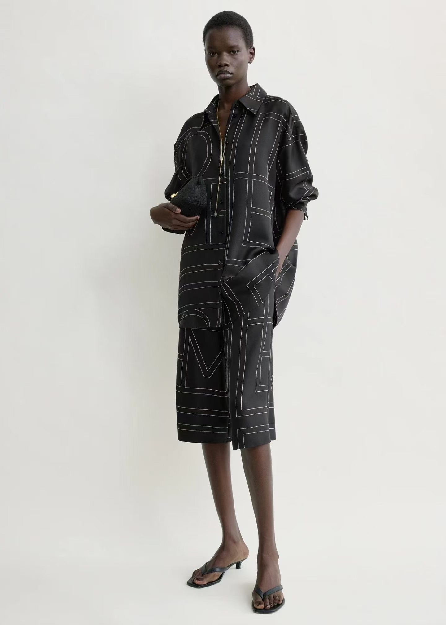 Tot Classic Monogram Embroidered Silk Satin Shirt | Bermuda Culottes Long Shorts | PJ Set
