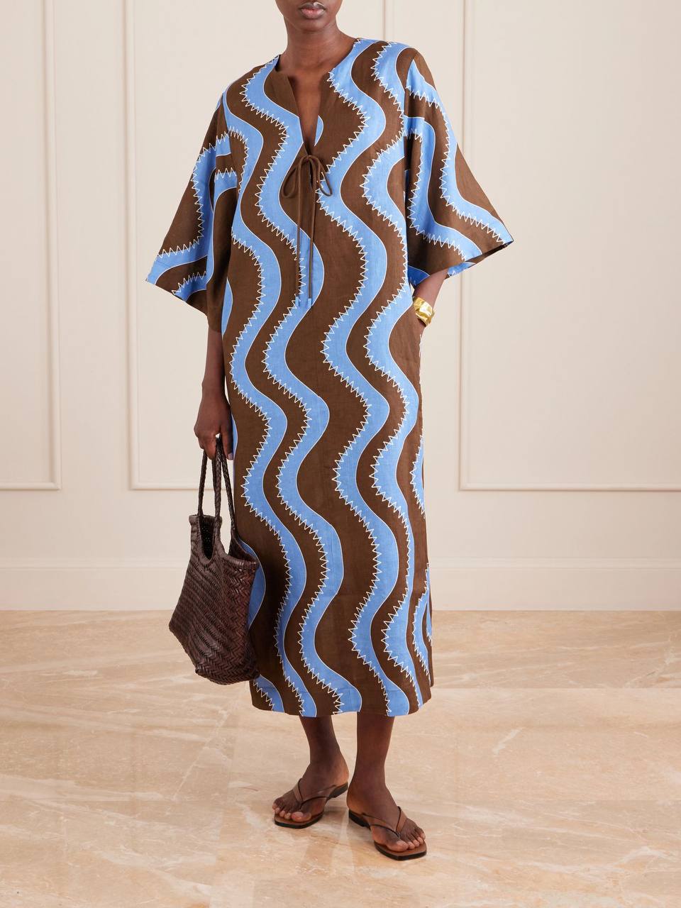 ALM019 Bold Brown/Blue Wave Stitch Tunic Shift Linen Midi Dress
