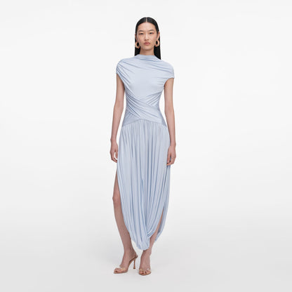 SP Yellow Sleeveless Wrap | Blue Short Sleeve Gathered Viscose-blend Jersey Midi Dress
