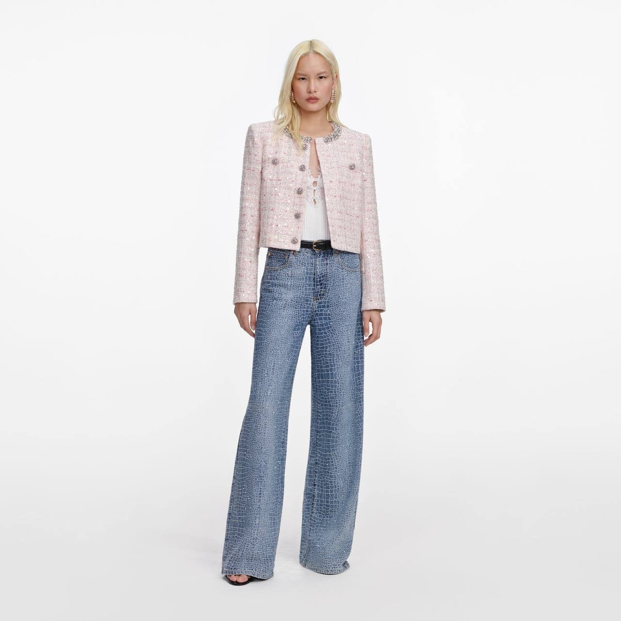 SP Pink Sequin Boucle Jacket | Bow Sleeveless Shift Mini Dress | Set