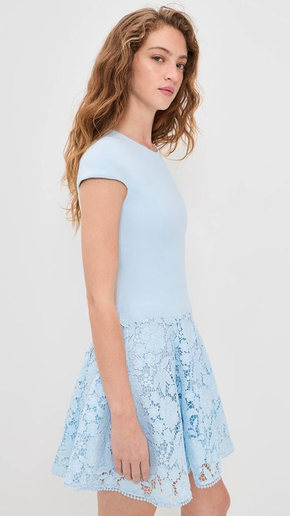 SP Blue Cap Sleeve Crepe Floral Lace Mini Dress
