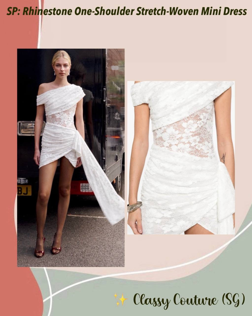 SP White Rhinestone One-Shoulder Stretch-Woven Mini Dress