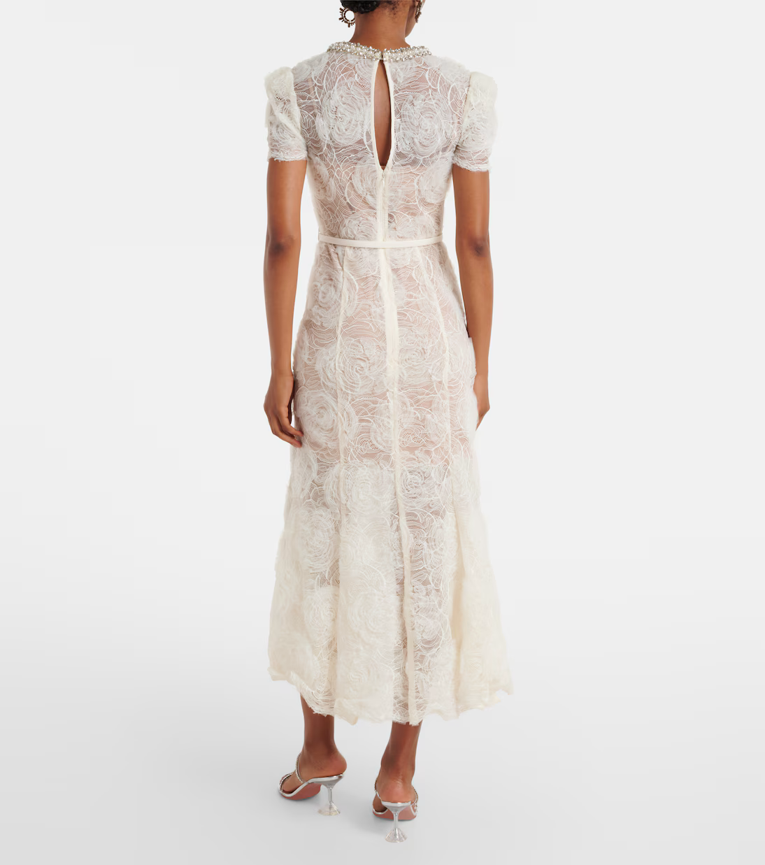 SP Cream Tulle Floral Lace Midi Dress