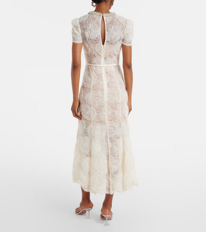 SP Cream Tulle Floral Lace Midi Dress