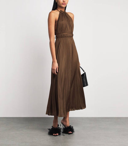MJ Pleated Halter Neck Midi Dress