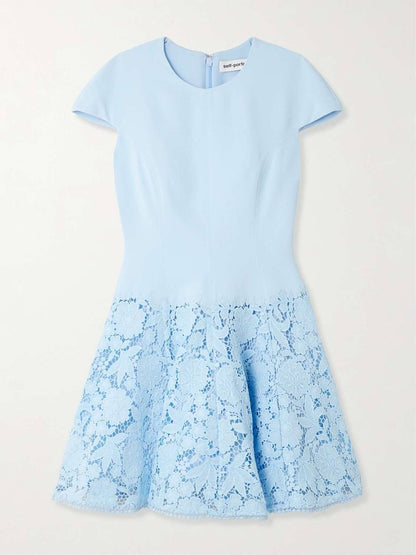SP Blue Cap Sleeve Crepe Floral Lace Mini Dress