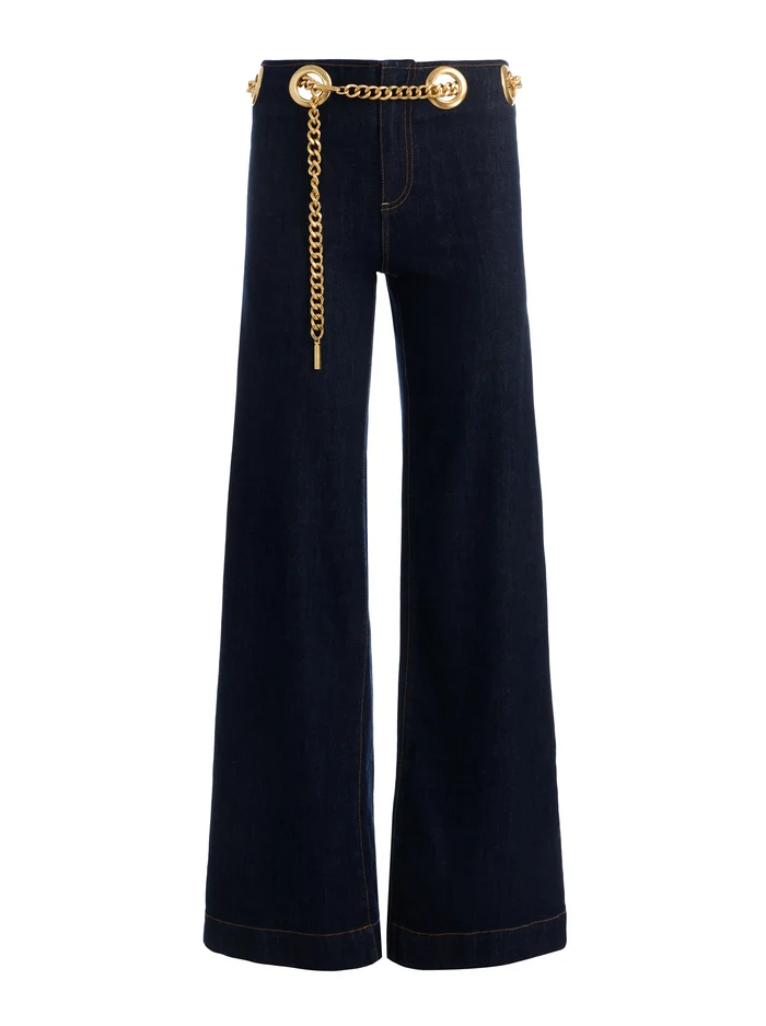 AO Jasper Cotton-blend Mid-Rise Jean with Chain Belt in Dark Rinse