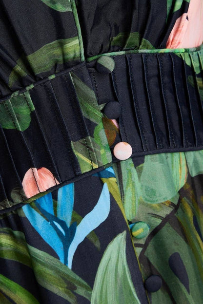 FR Leaf Green/Black Printed Viscose Twill Midi Dress