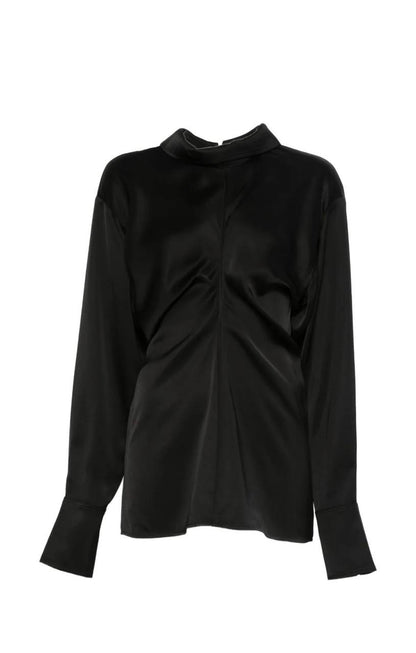 TOT Slouch Zip-Front Drape Satin Blouse Top