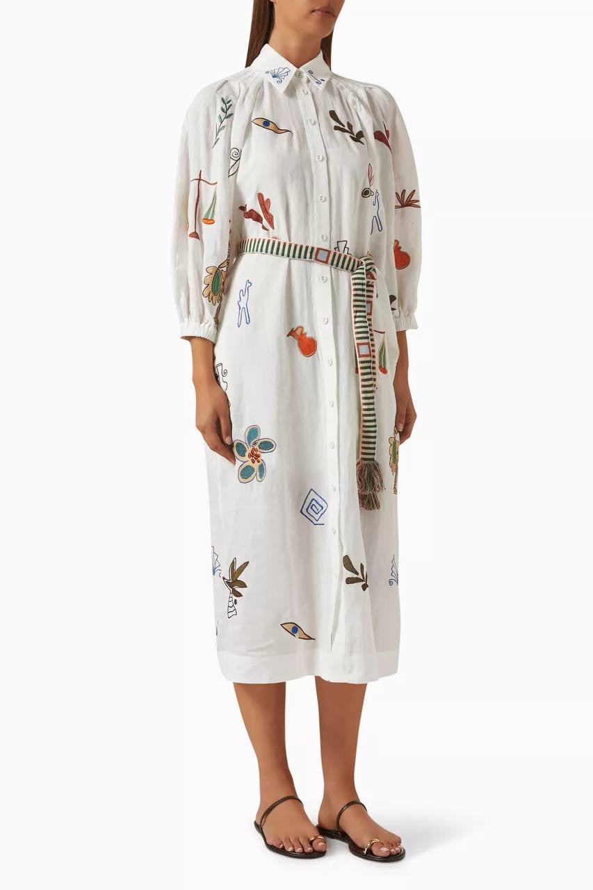 ALM Mina Embroidered Ramie Shirtdress Midi Dress