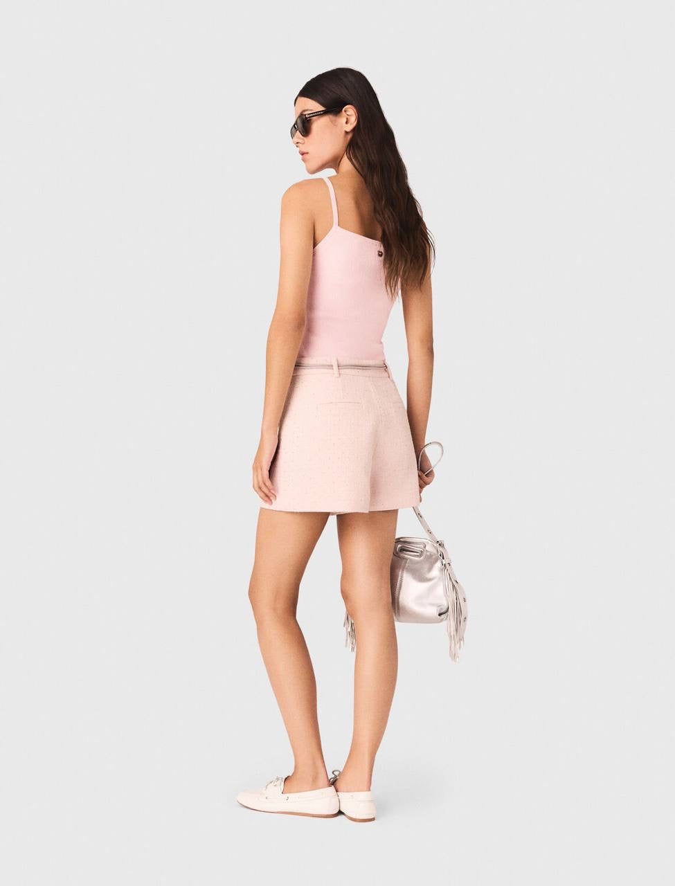 MJ Pink Tweed Cropped Short Sleeve Jacket Top | Shorts | Trouser Pant | Set
