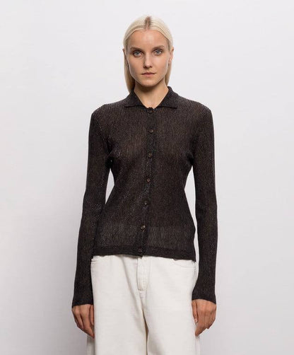 BC Sparkling Brown Ribbed Silk-Alpaca-Wool blend Cardigan