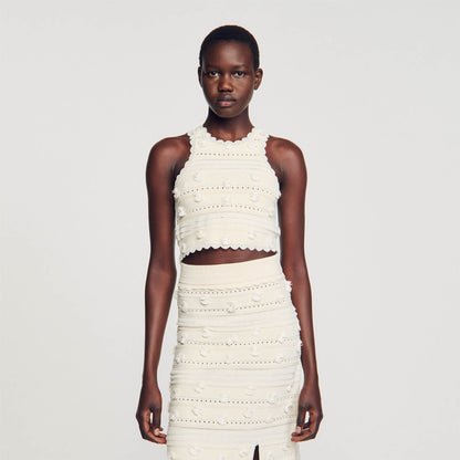 SD Iman Knit Crop Top | Imanie Openwork Knit Midi Skirt | Tassel Appliqué Set