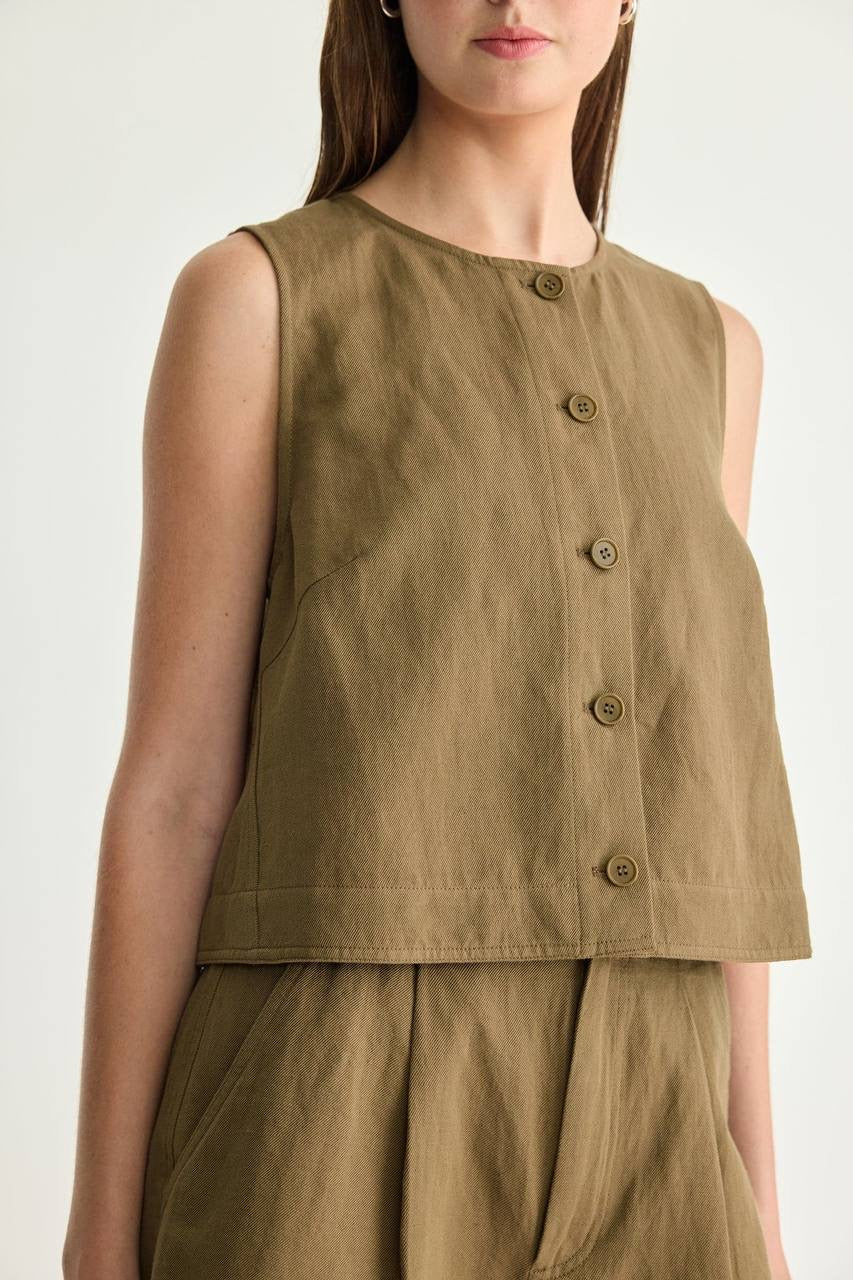 AA Godet Cotton-linen Sleeveless Tank Top