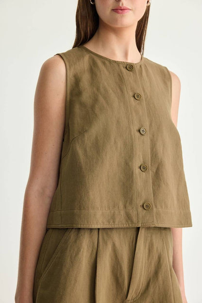 AA Godet Cotton-linen Sleeveless Tank Top