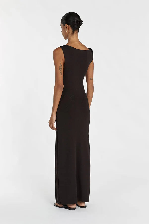 DSH Poppy Asym Midi Maxi Dress Viscose-Nylon Knit in Bitter Choc & Marle Grey