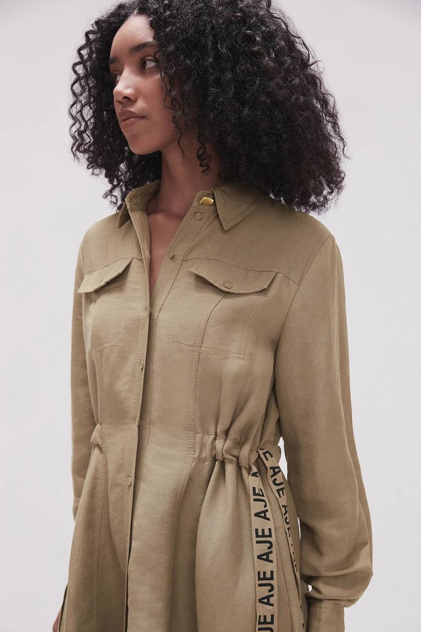 AJ Eternal Logo Mini Dress in Black and Desert Khaki Linen-Rayon