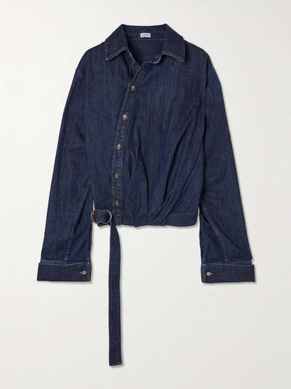 LW Draped Asymmetric Button Shirt | Belted Baggy Pant Jeans | Cotton-blend Denim Set