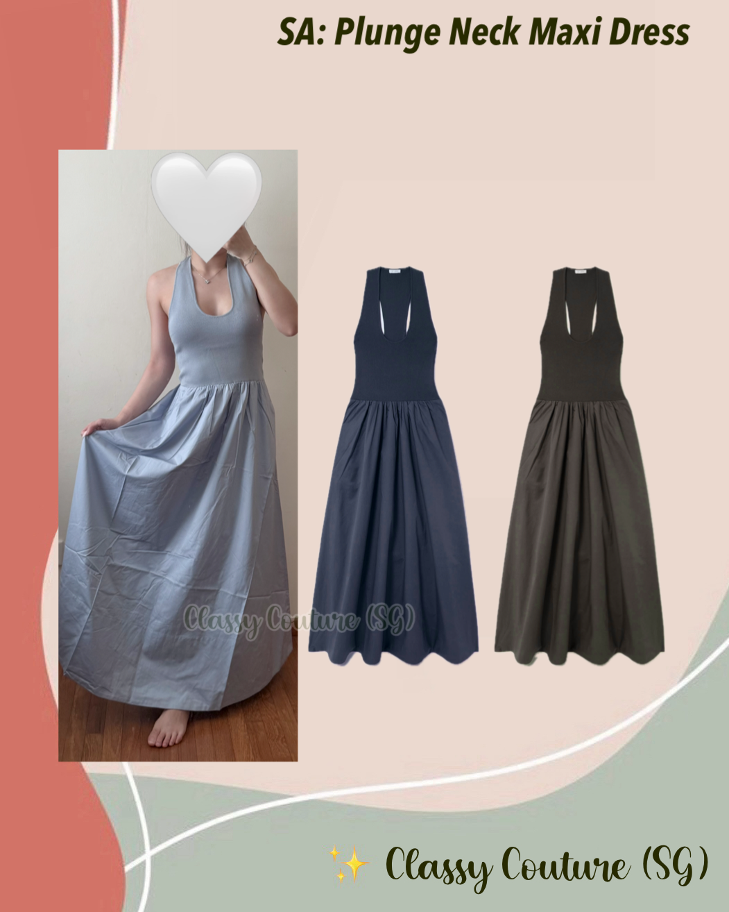 3 Colors! SA Plunge Neck Viscose-blend Knit & Cotton Midi Maxi Dress