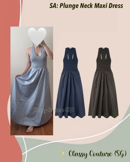 3 Colors! SA Plunge Neck Viscose-blend Knit & Cotton Midi Maxi Dress