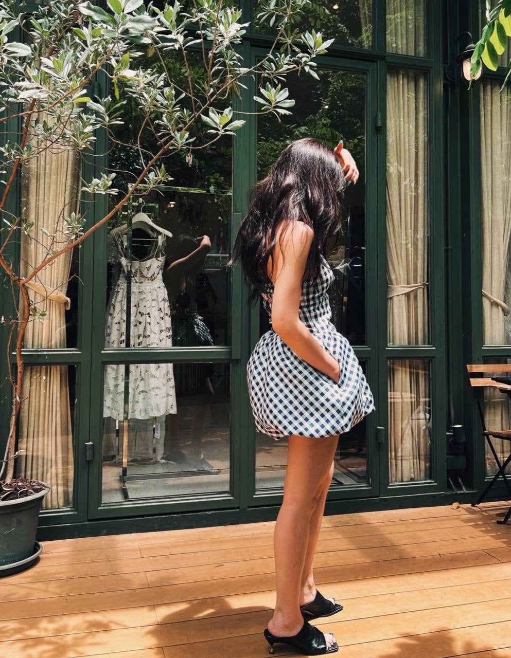 SP Navy Taffeta Gingham Bubble Mini Dress