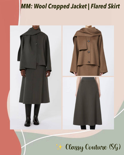 2 Colors! MM Kate Cropped Jacket (w Detachable Scarf) | Flared Midi Skirt | Double-Sided Wool Set