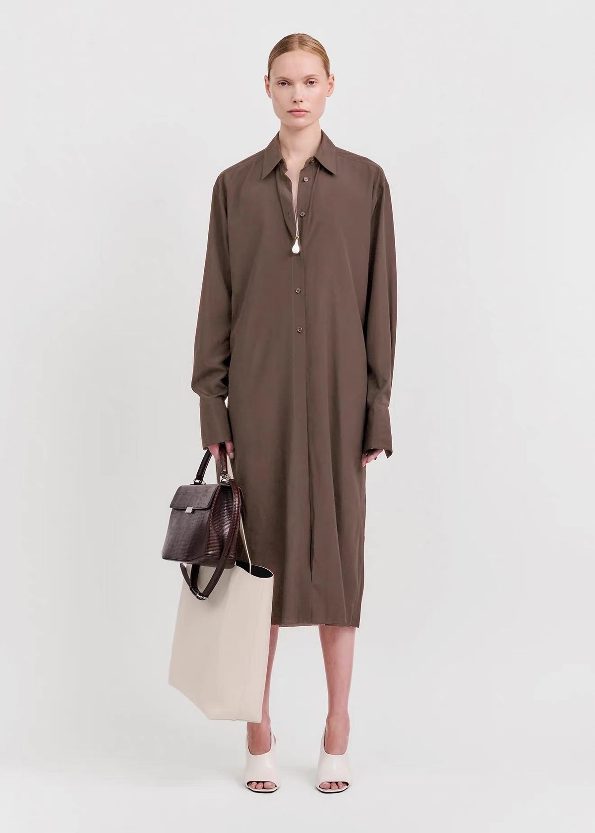TOT Silk Shirtdress Midi Dress / Long Shirt in Black & Brown