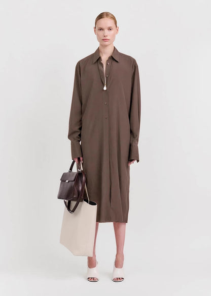 TOT Silk Shirtdress Midi Dress / Long Shirt in Black & Brown